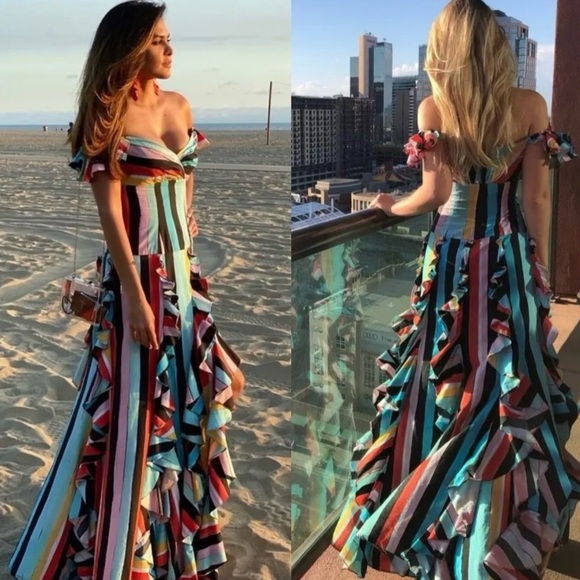 Caroline Constas Ruffle Rainbow Stripe Gown Maxi Dress in Black Multi - Picture 2 of 9